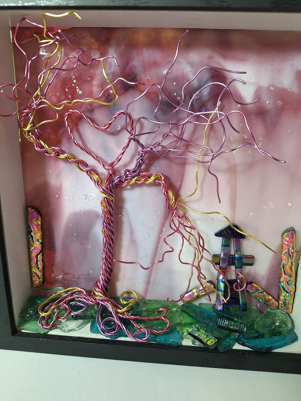 Hand crafted wire tree on fused glass, pink purple & gold in shadow box.